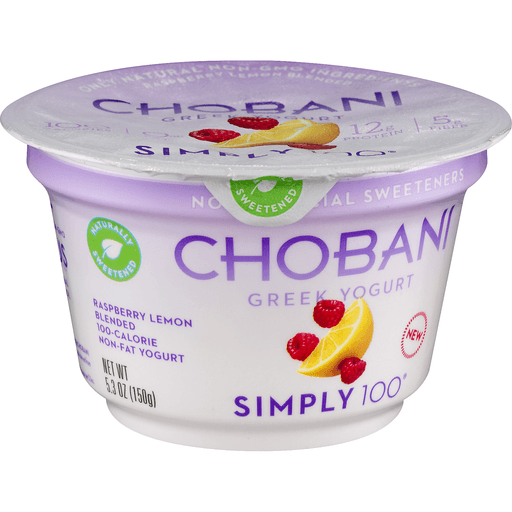 slide 3 of 8, Chobani Simply 100 Non-Fat Greek Yogurt, Raspberry Lemon Blended, 5.3 oz