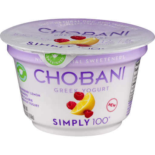 slide 1 of 8, Chobani Simply 100 Non-Fat Greek Yogurt, Raspberry Lemon Blended, 5.3 oz