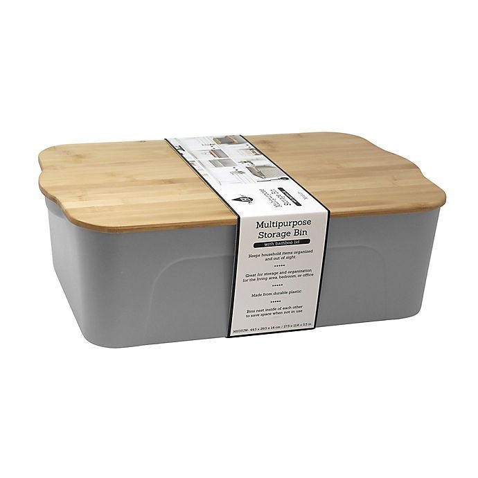 slide 2 of 2, Heritage Medium Plastic Bin with Bamboo Lid - Light Grey, 1 ct