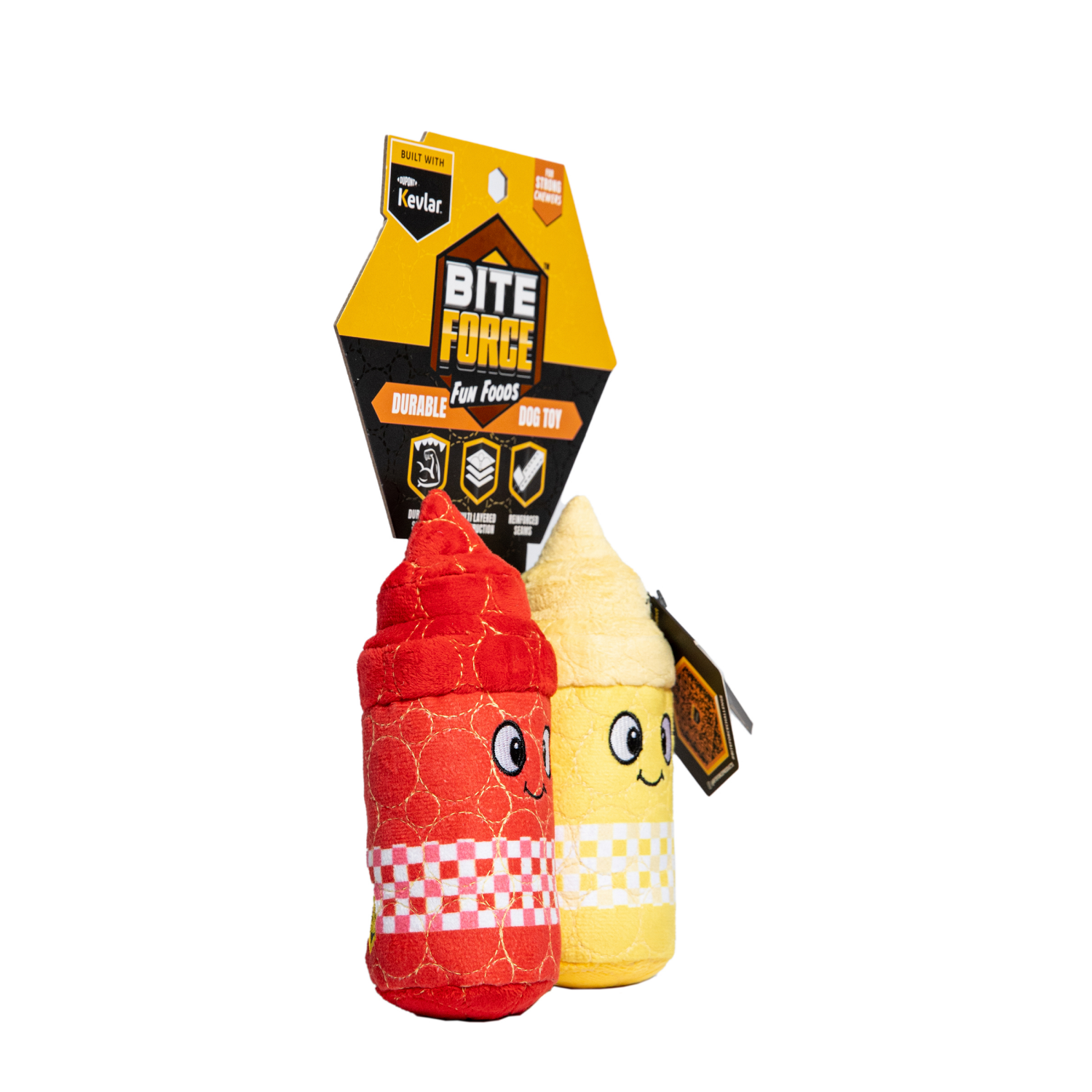 slide 2 of 5, Bite Force Built with Kevlar Tough Plush Ketchup & Mustard Dog Toy, 2 ct
