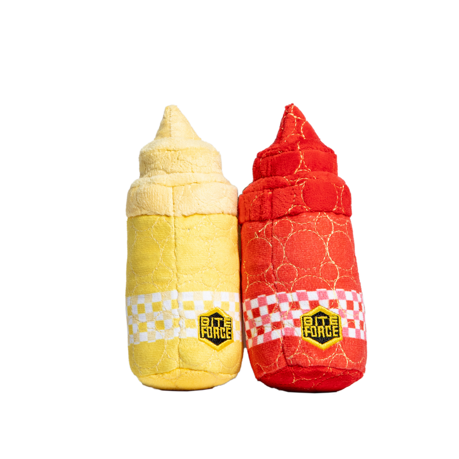 slide 3 of 5, Bite Force Built with Kevlar Tough Plush Ketchup & Mustard Dog Toy, 2 ct