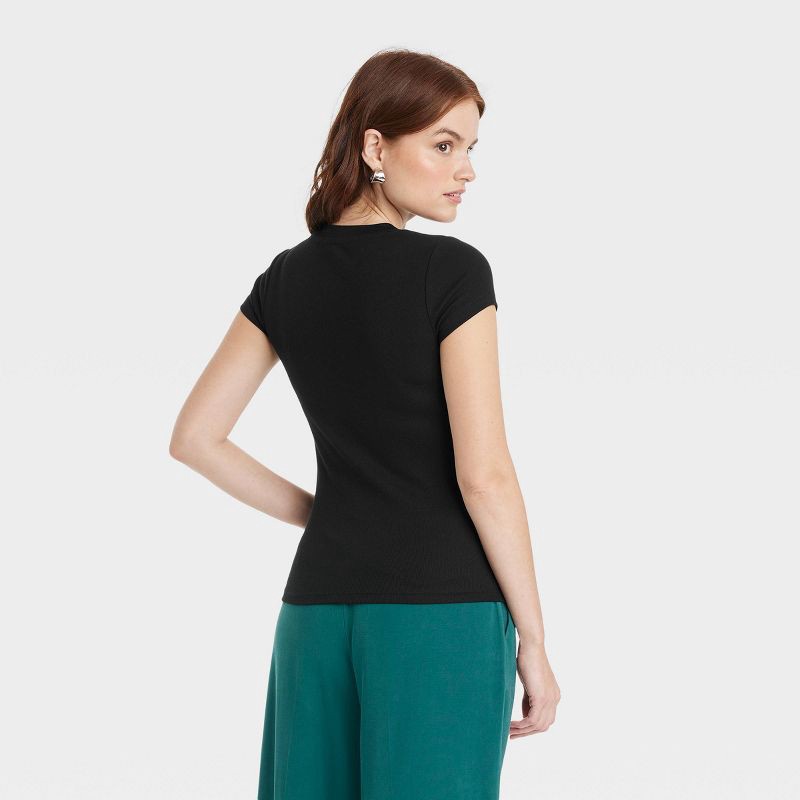slide 2 of 3, Women's Slim Fit Short Sleeve Ribbed T-Shirt - A New Day™ Black S: Cotton Modal Blend, Crew Neck, Pullover, 1 ct
