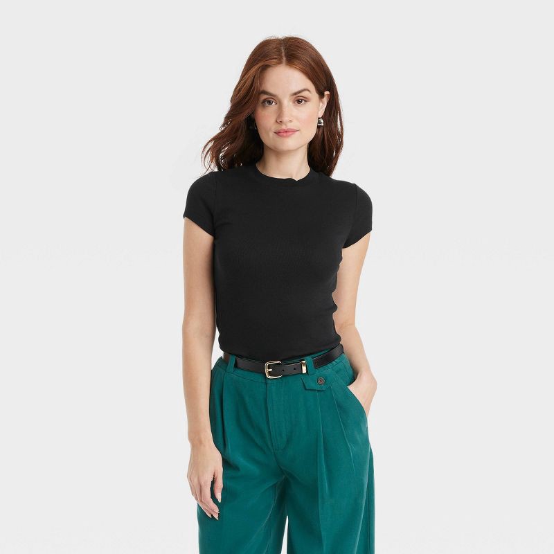 slide 1 of 3, Women's Slim Fit Short Sleeve Ribbed T-Shirt - A New Day™ Black XS: Cotton-Modal Blend, Crew Neck, Pullover Style, 1 ct