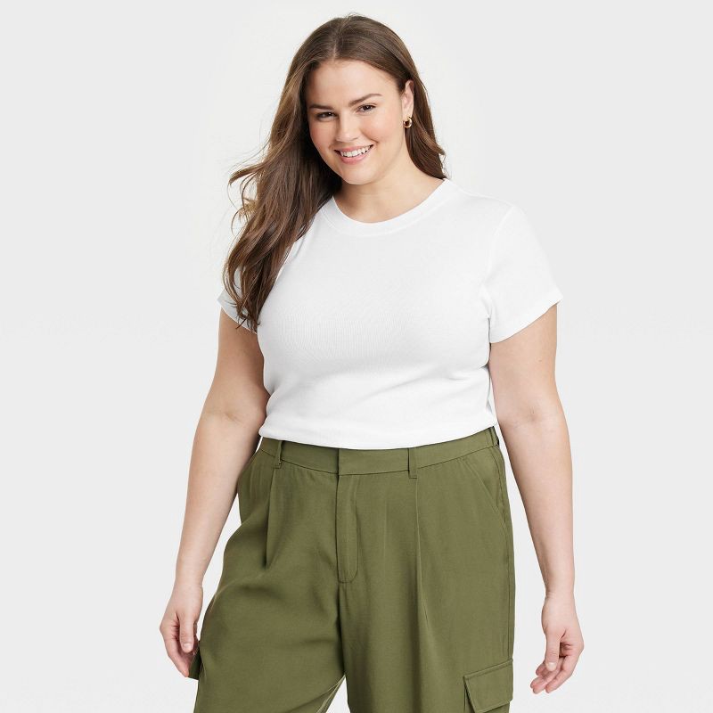 slide 1 of 3, Women's Slim Fit Short Sleeve Ribbed T-Shirt - A New Day™ White XXL: Cotton Modal Blend, Crew Neck, Pullover Style, 1 ct