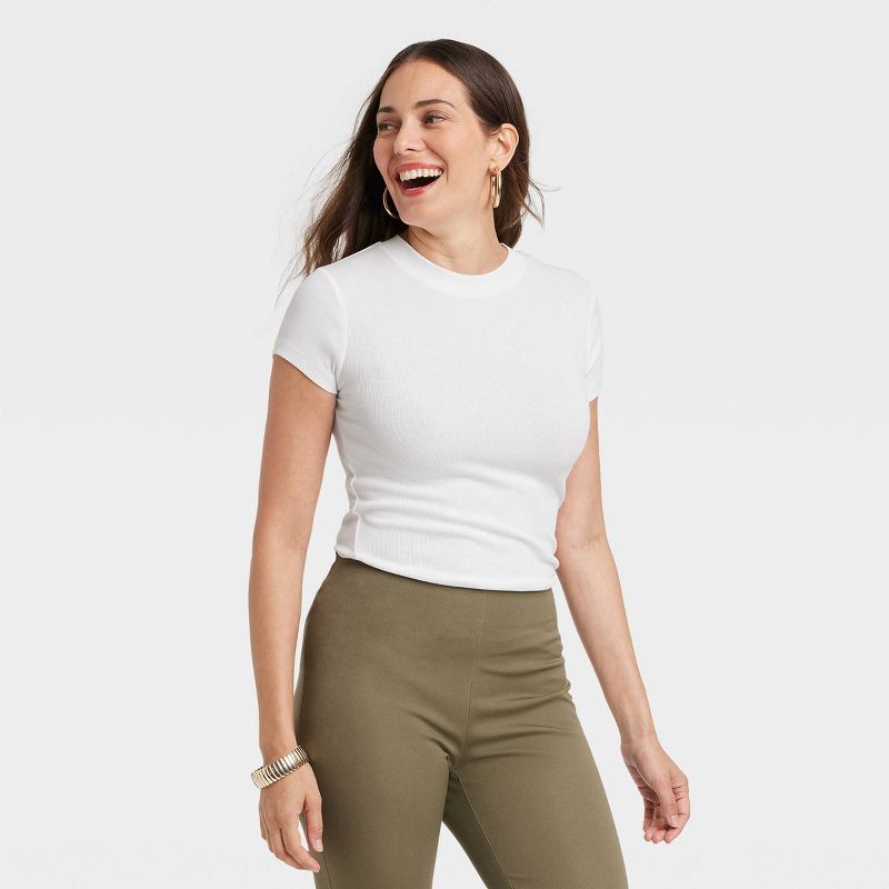 slide 1 of 3, Women's Slim Fit Short Sleeve Ribbed T-Shirt - A New Day™ White M: Cotton Modal Blend, Crew Neck, Pullover, 1 ct