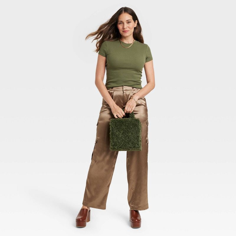 slide 3 of 3, Women's Slim Fit Short Sleeve Ribbed T-Shirt - A New Day™ Olive Green S: Cotton Modal Blend, Crew Neck, 1 ct