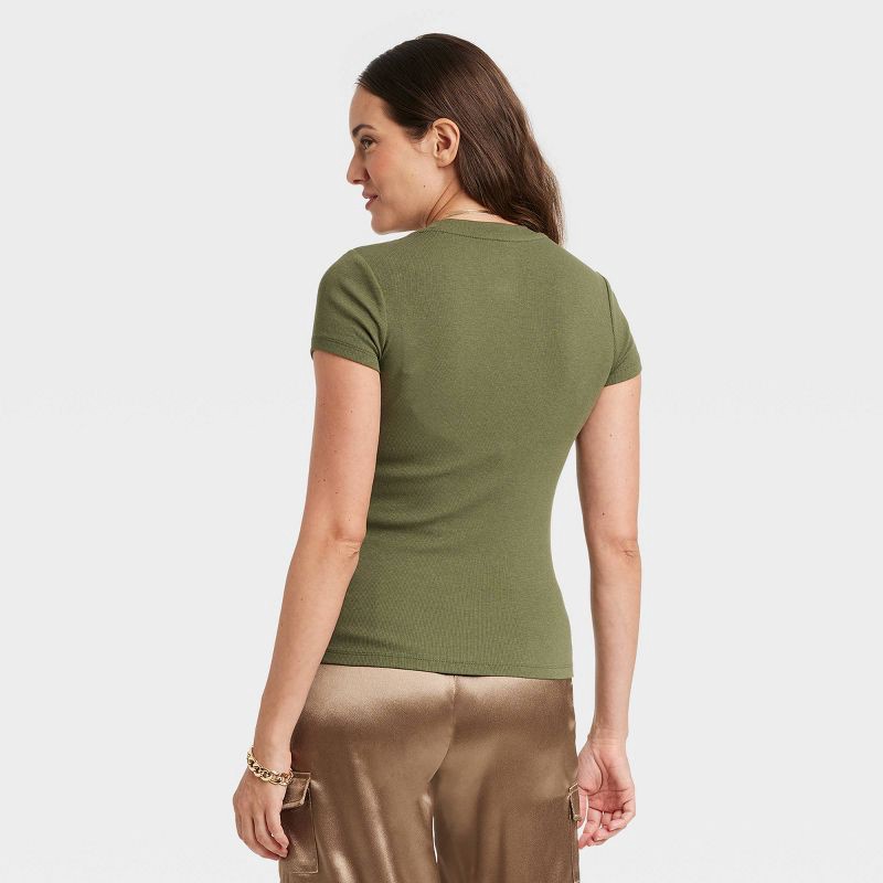 slide 2 of 3, Women's Slim Fit Short Sleeve Ribbed T-Shirt - A New Day™ Olive XL: Cotton Modal Blend, Crew Neck, Pullover Style, 1 ct