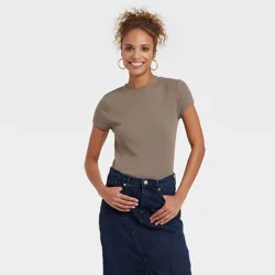 Women's Slim Fit Short Sleeve Ribbed T-Shirt - A New Day™ Brown M: Cotton Modal Blend, Crew Neck Pullover