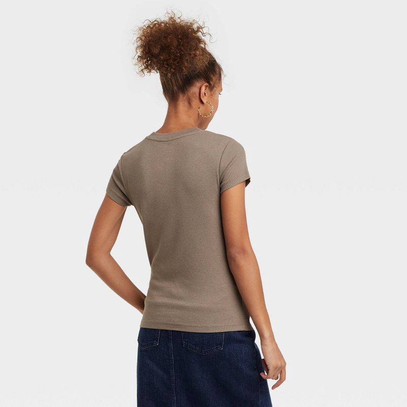 slide 2 of 3, Women's Slim Fit Short Sleeve Ribbed T-Shirt - A New Day™ Brown XL: Cotton Modal Blend, Crew Neck, Pullover, 1 ct