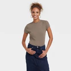 Women's Slim Fit Short Sleeve Ribbed T-Shirt - A New Day™ Brown XL: Cotton Modal Blend, Crew Neck, Pullover