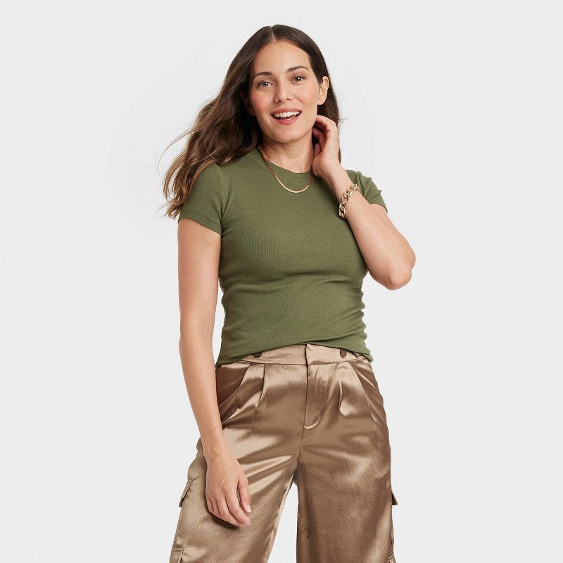 slide 1 of 3, Women's Slim Fit Short Sleeve Ribbed T-Shirt - A New Day™ Olive Green XS: Cotton Modal Blend, Crew Neck, 1 ct