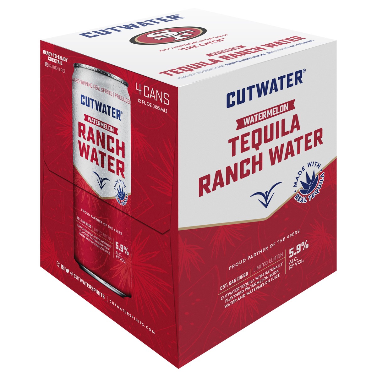 slide 3 of 8, Cutwater Spirits Ranch Water 49ers Watermelon Cocktail, 4 Pack, 12 fl oz, 12 fl oz