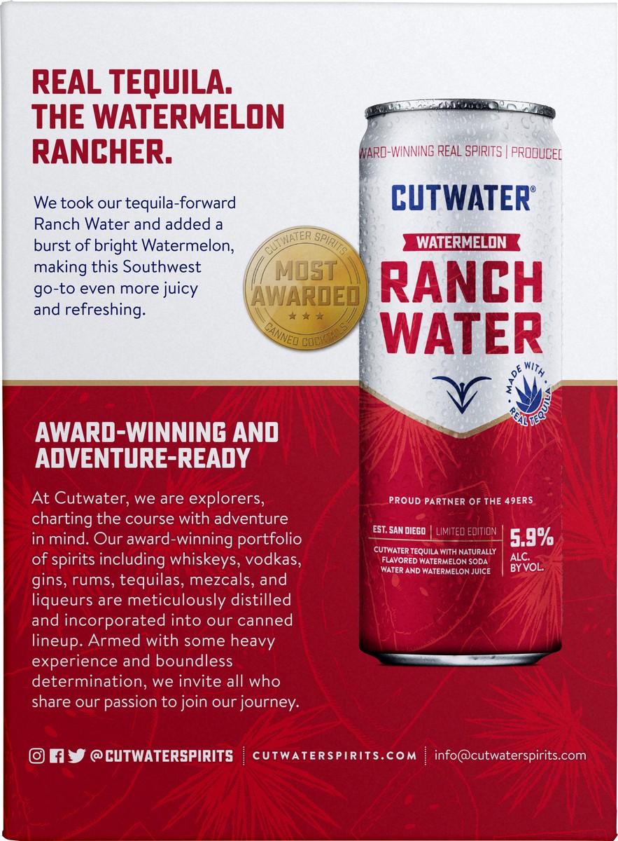 slide 7 of 8, Cutwater Spirits Ranch Water 49ers Watermelon Cocktail, 4 Pack, 12 fl oz, 12 fl oz