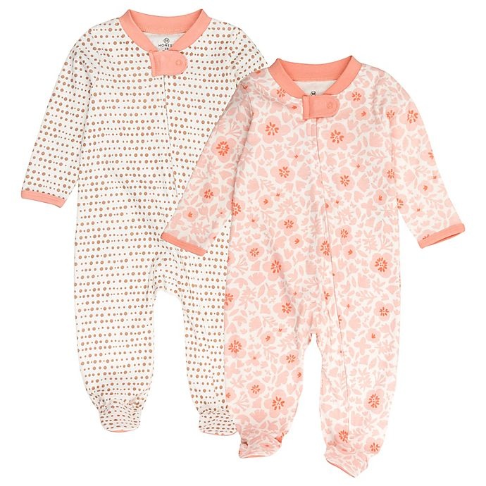 slide 1 of 4, The Honest Company Organic Cotton Sleep & Plays, Peach Floral, 2 ct