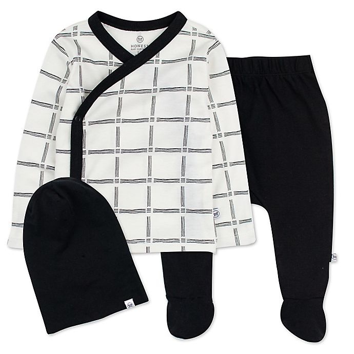 slide 1 of 4, The Honest Company 3-Pc Side Snap Top, Pant and Beanie, Sketchy Grid, 1 ct