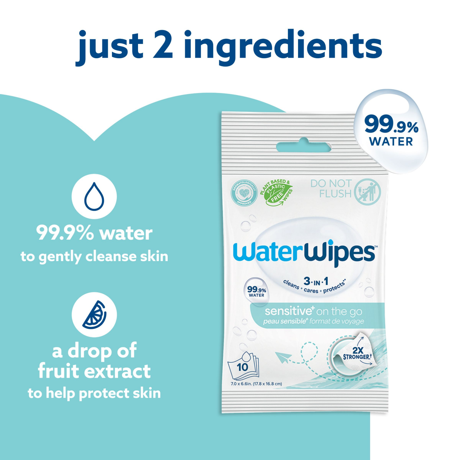 slide 7 of 8, WaterWipes Sensitive+ On The Go Wipes, 3-In-1 Cleans, Cares, Protects, 99.9% Water, Unscented & Hypoallergenic Wet Wipes, 10 Count (1 Pack), 10 ct