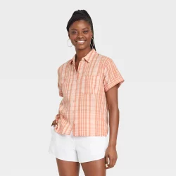 Women's Short Sleeve Button-Down Shirt - Universal Thread Coral Pink Plaid XXL
