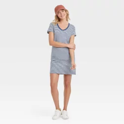 Women's Short Sleeve T-Shirt Dress - Universal Thread Blue Striped M