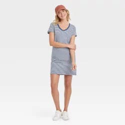 Women's Short Sleeve T-Shirt Dress - Universal Thread Blue Striped M