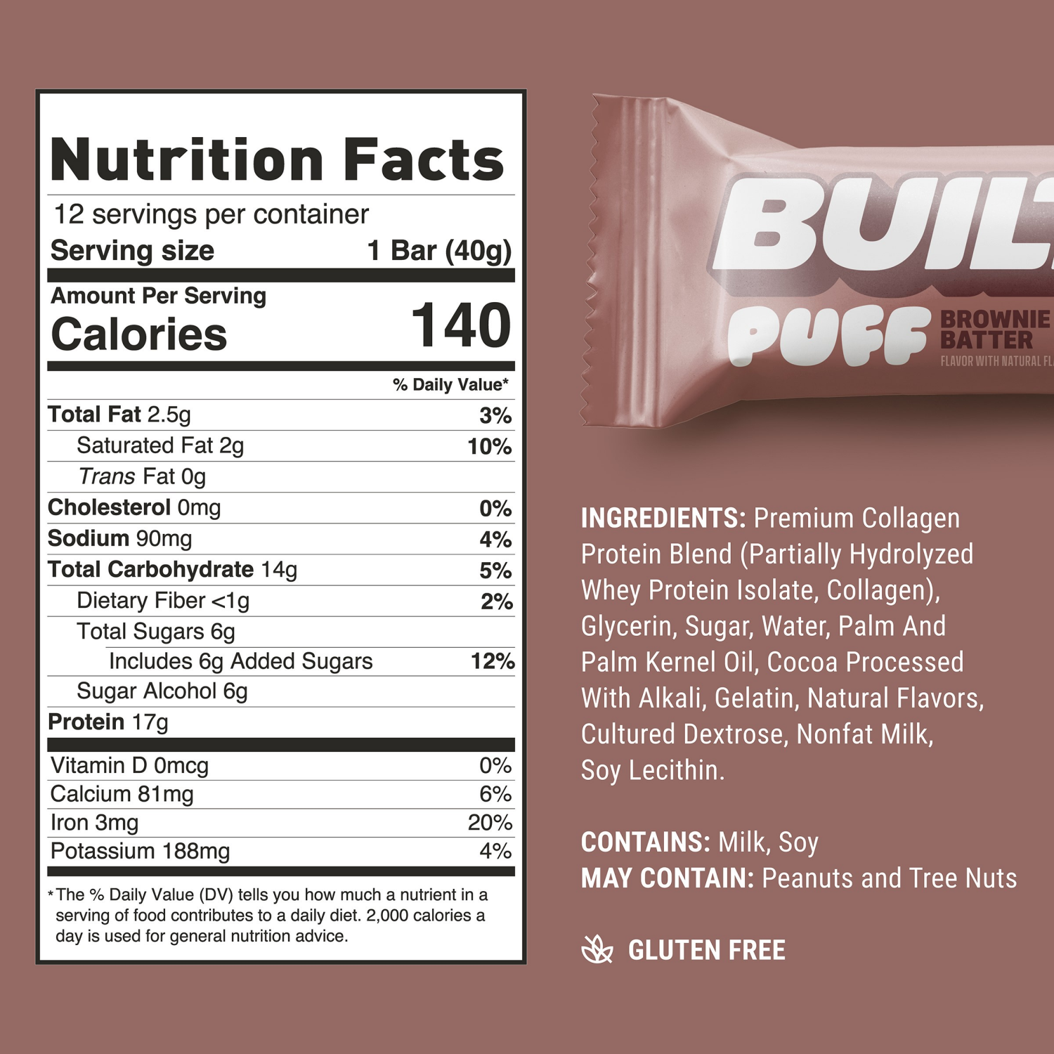 slide 2 of 5, Built Bar BUILT Puff Snack Bars, Brownie Batter, 17g Protein, 140 Calorie, 4 Count Box, 1.41 oz Bars, 4 ct