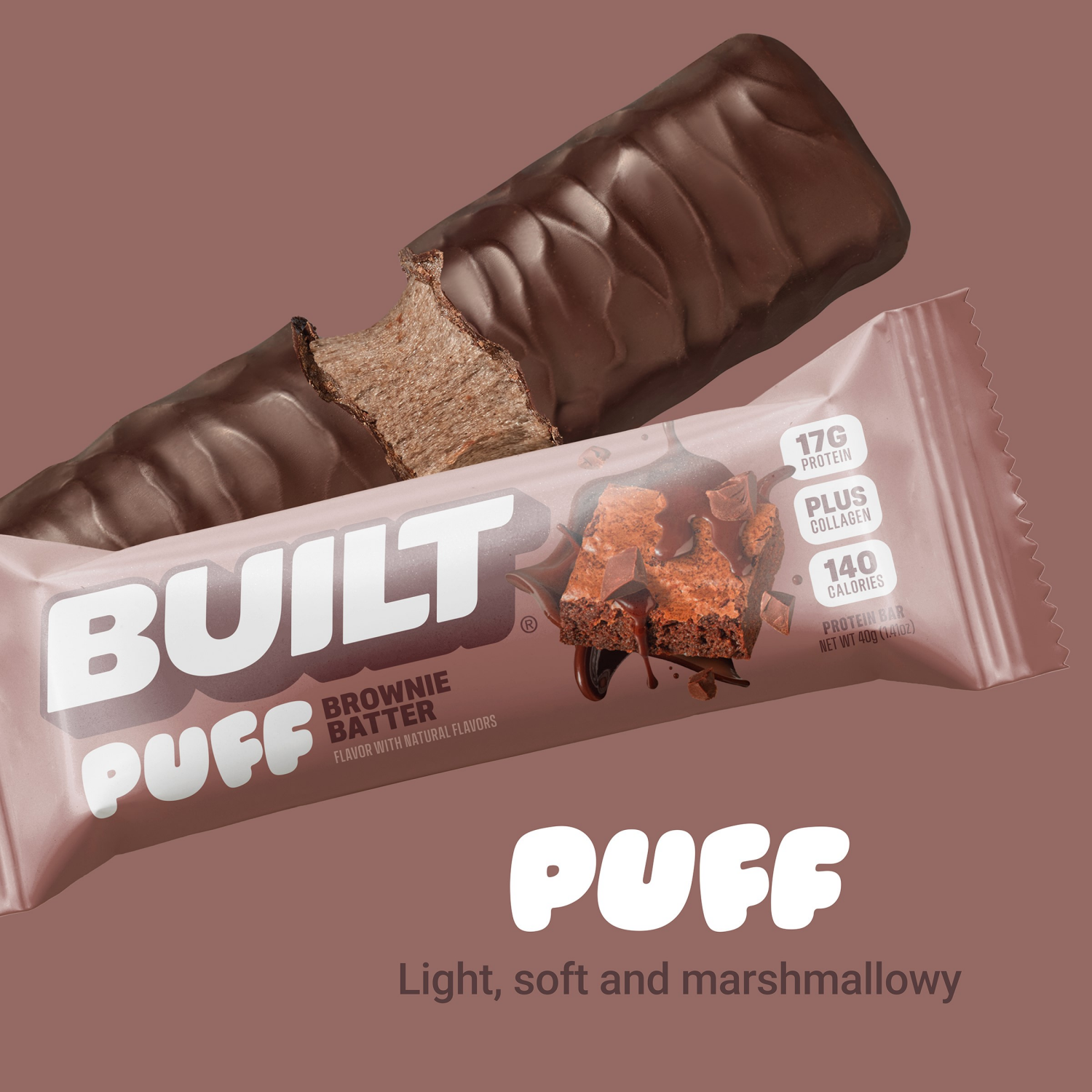 slide 4 of 5, Built Bar BUILT Puff Snack Bars, Brownie Batter, 17g Protein, 140 Calorie, 4 Count Box, 1.41 oz Bars, 4 ct