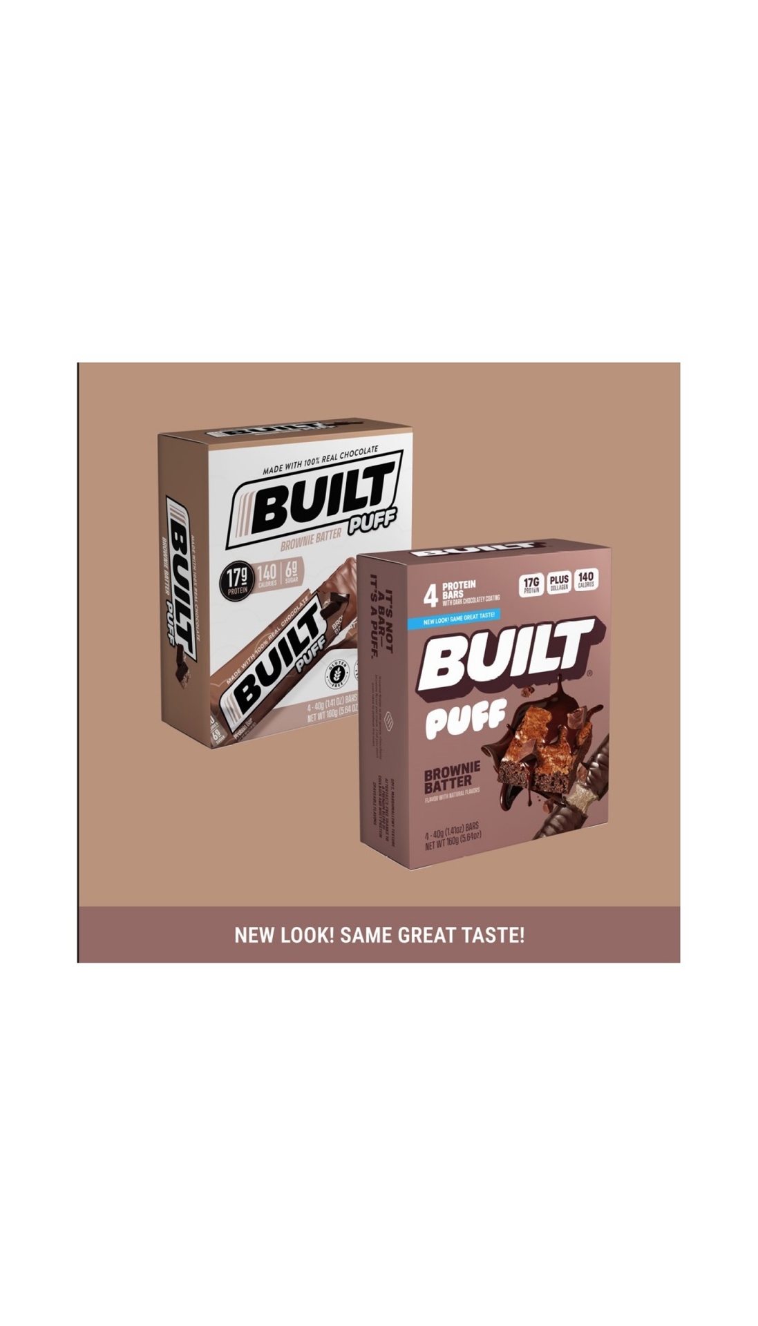 slide 5 of 5, Built Bar BUILT Puff Snack Bars, Brownie Batter, 17g Protein, 140 Calorie, 4 Count Box, 1.41 oz Bars, 4 ct