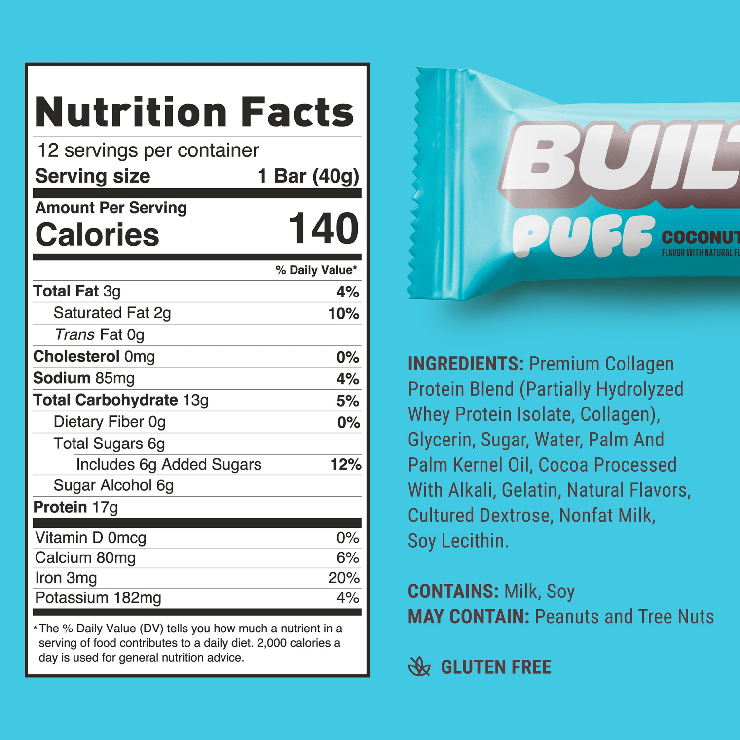 slide 4 of 5, Built Bar BUILT Puff Snack Bar, Coconut, 17g Protein, Collagen, 140 Calories, 5.64 oz