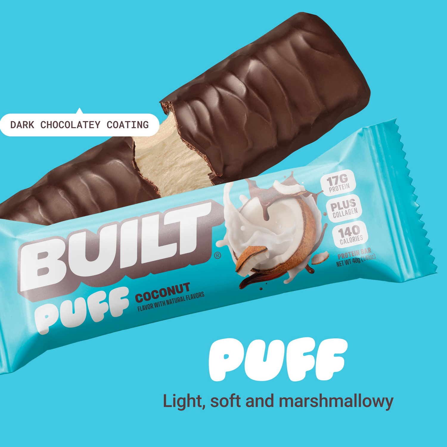 slide 2 of 5, Built Bar BUILT Puff Snack Bar, Coconut, 17g Protein, Collagen, 140 Calories, 5.64 oz
