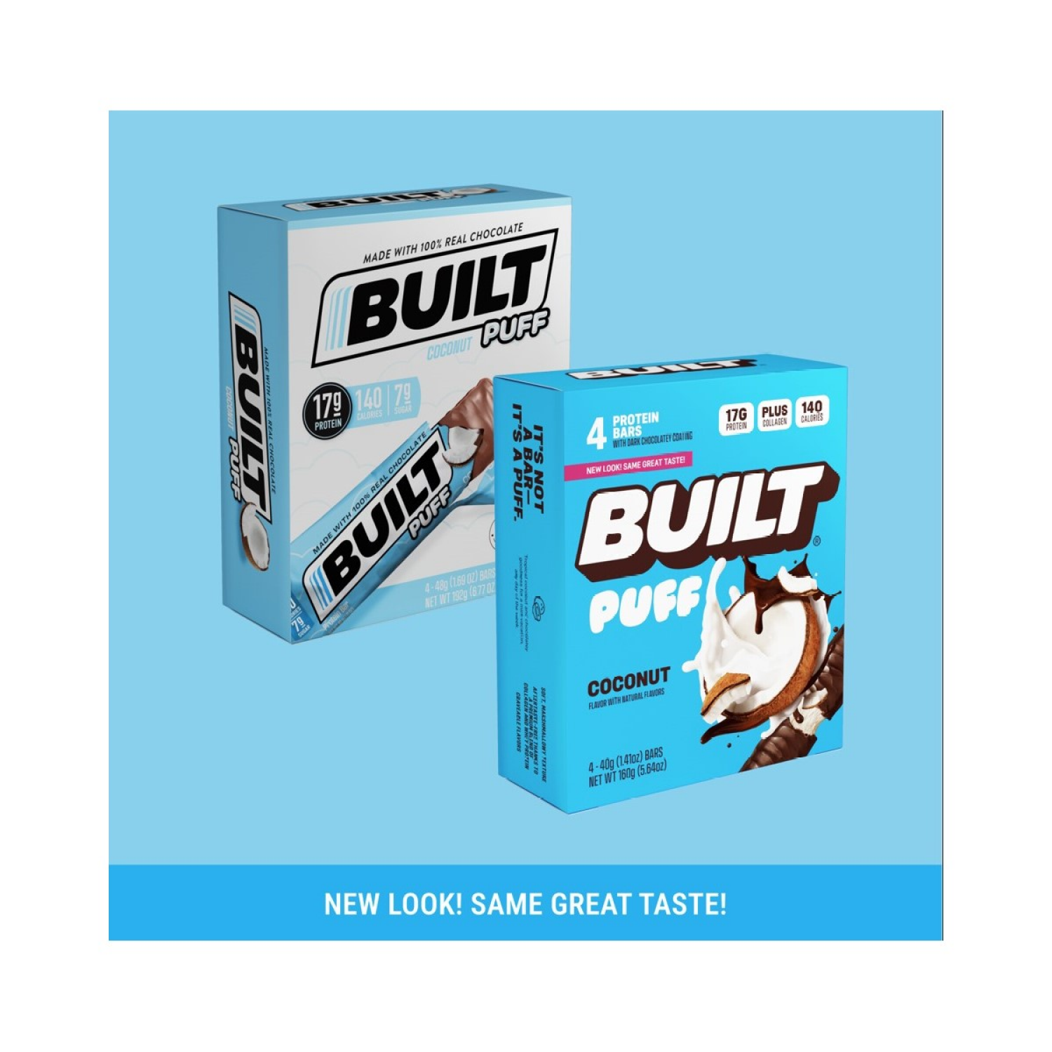 slide 3 of 5, Built Bar BUILT Puff Snack Bar, Coconut, 17g Protein, Collagen, 140 Calories, 5.64 oz