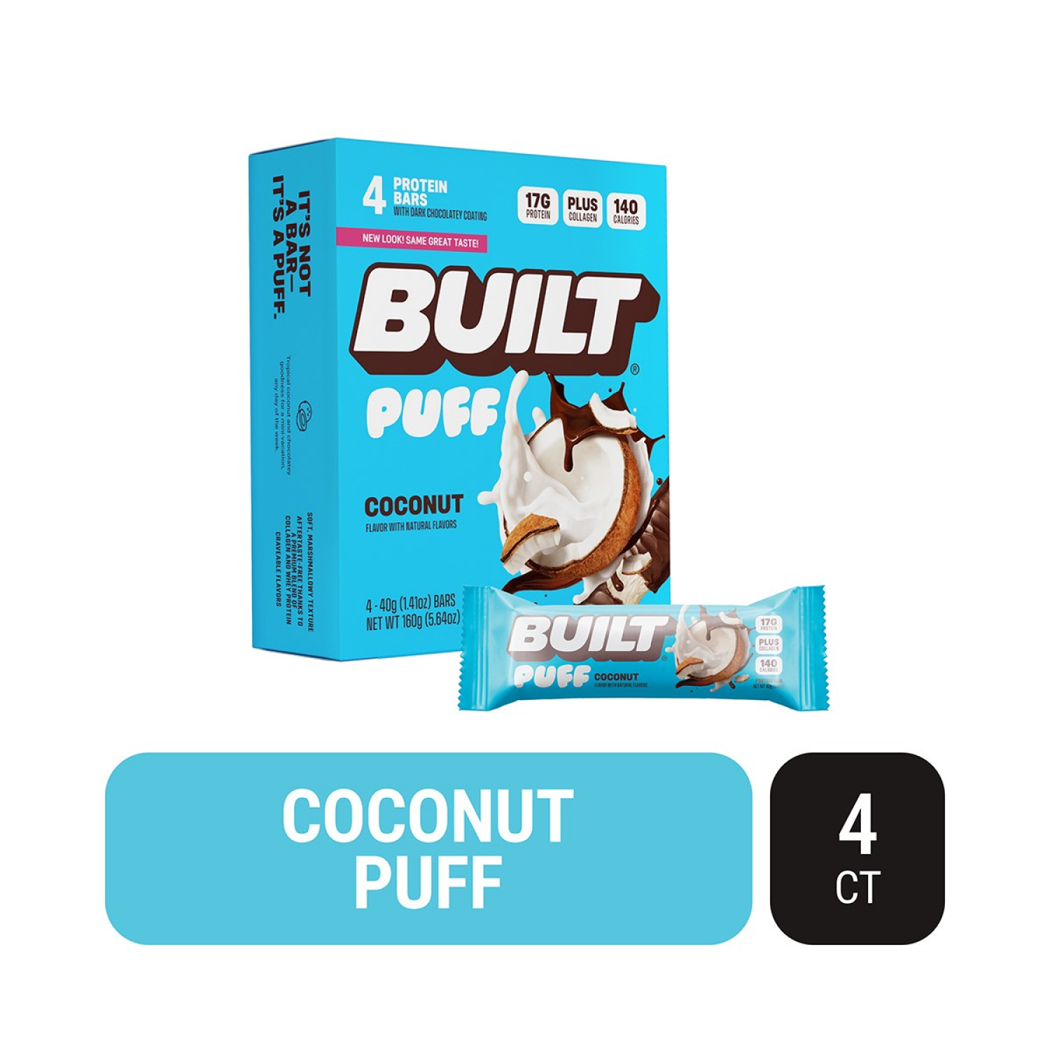 slide 1 of 5, Built Bar BUILT Puff Snack Bar, Coconut, 17g Protein, Collagen, 140 Calories, 5.64 oz