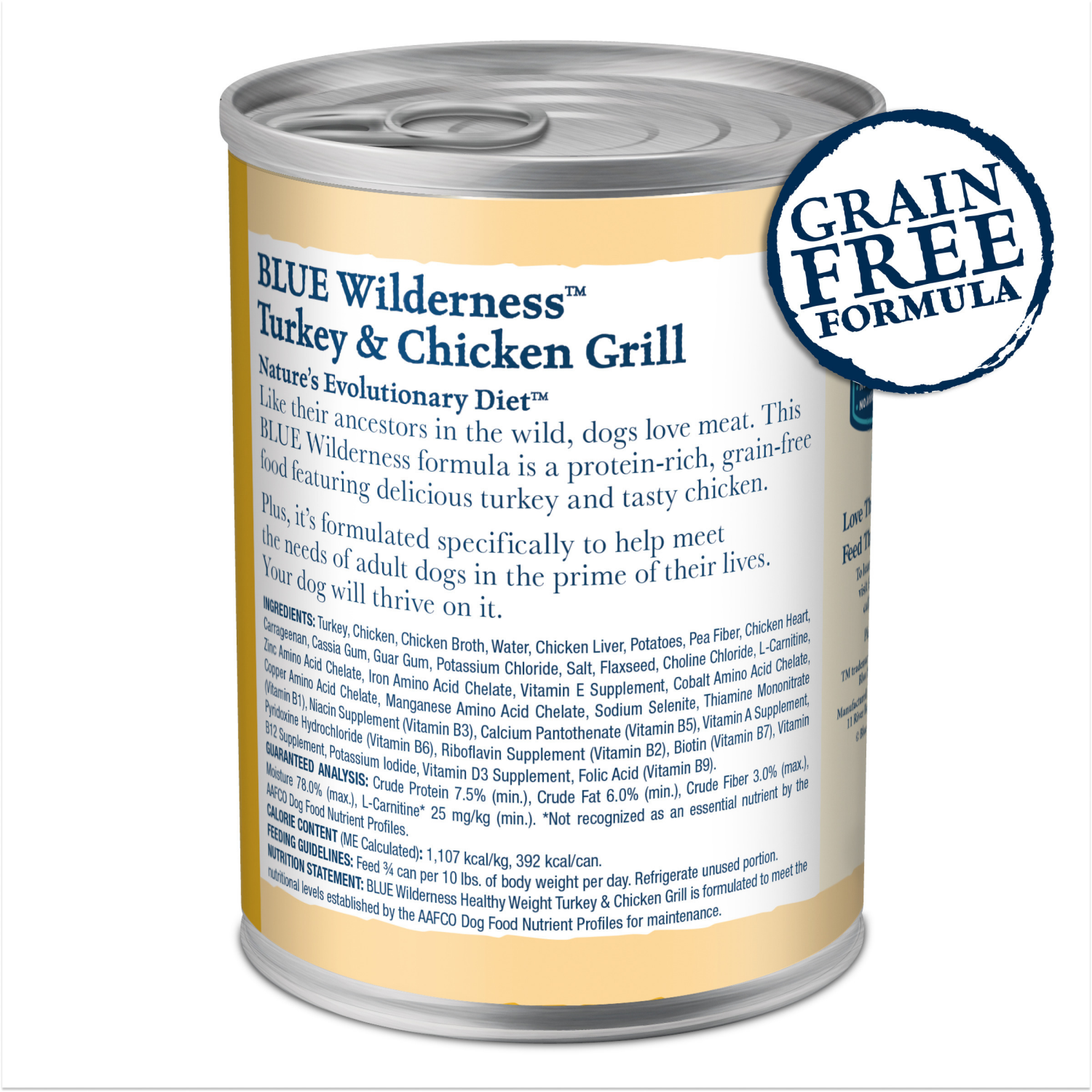 slide 6 of 8, Blue Buffalo Wilderness High Protein, Natural Adult Healthy Weight Dog Wet Food, Turkey & Chicken Grill 12.5-oz Can, 12.5 oz