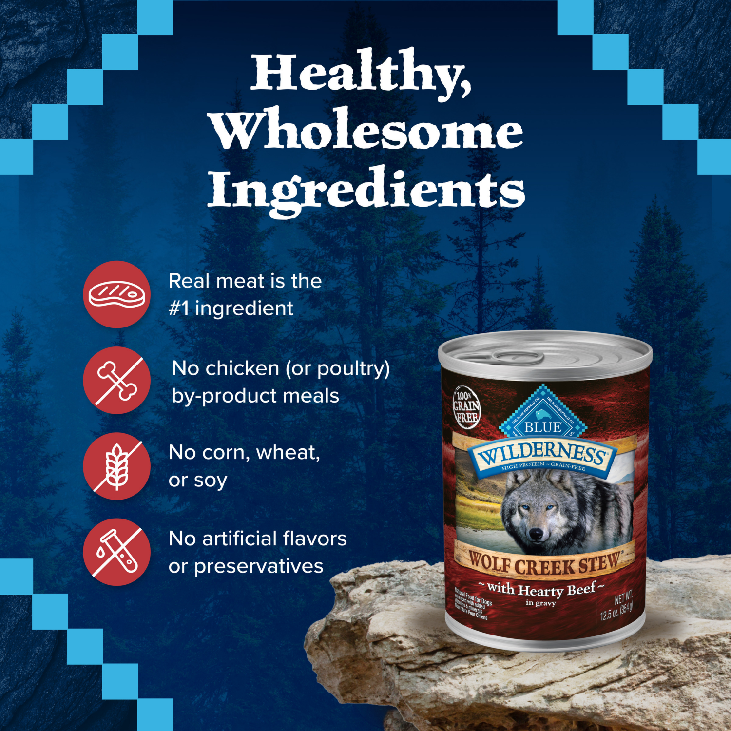 slide 2 of 8, Blue Buffalo Wilderness Wolf Creek Stew High Protein, Natural Wet Dog Food, Hearty Beef Stew in Gravy 12.5-oz Can, 12.5 oz