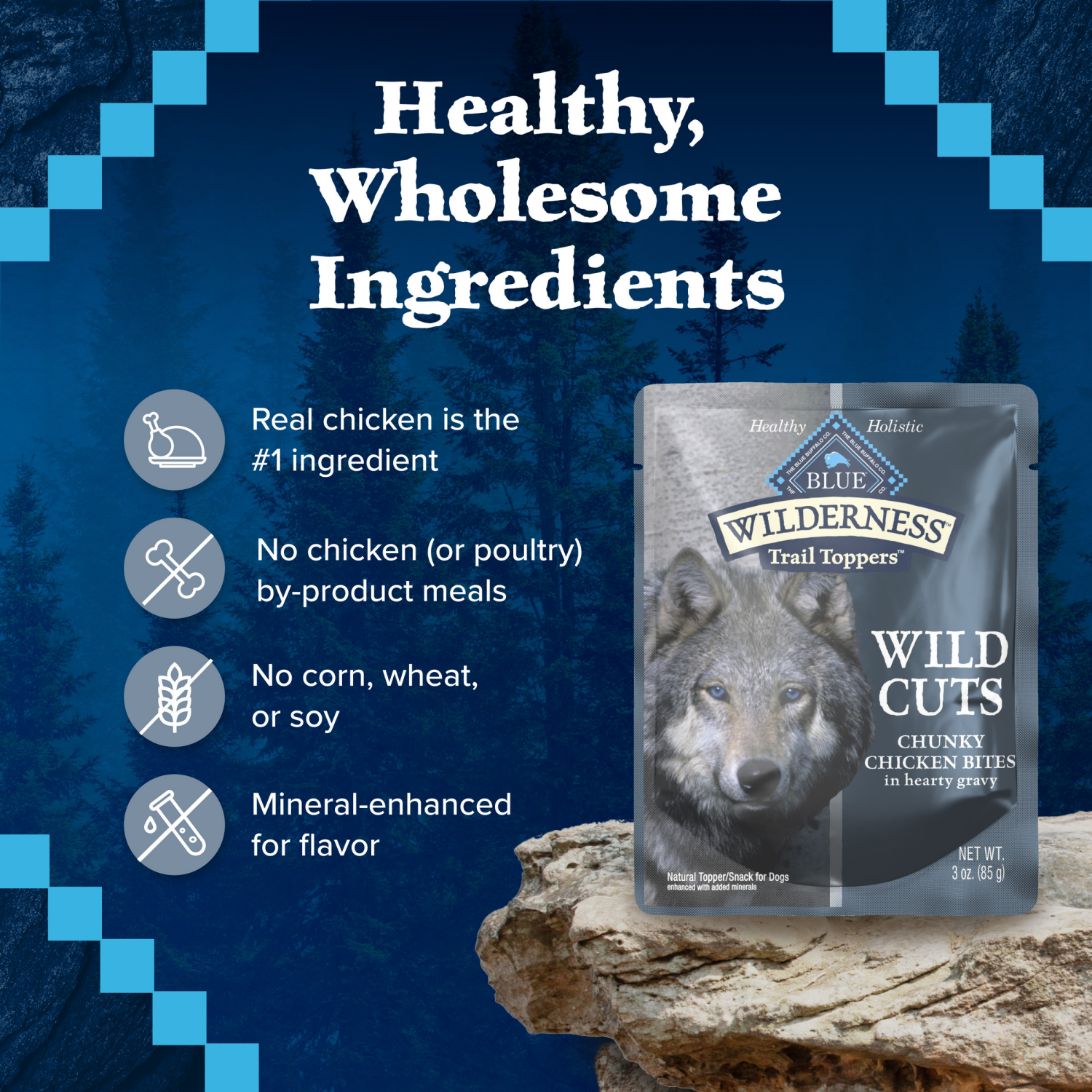 slide 2 of 8, Blue Buffalo Blue Wilderness Trail Toppers Wild Cuts Natural Chunky Chicken Bites in Hearty Gravy Topper/Snack for Dogs 3 oz, 3 oz