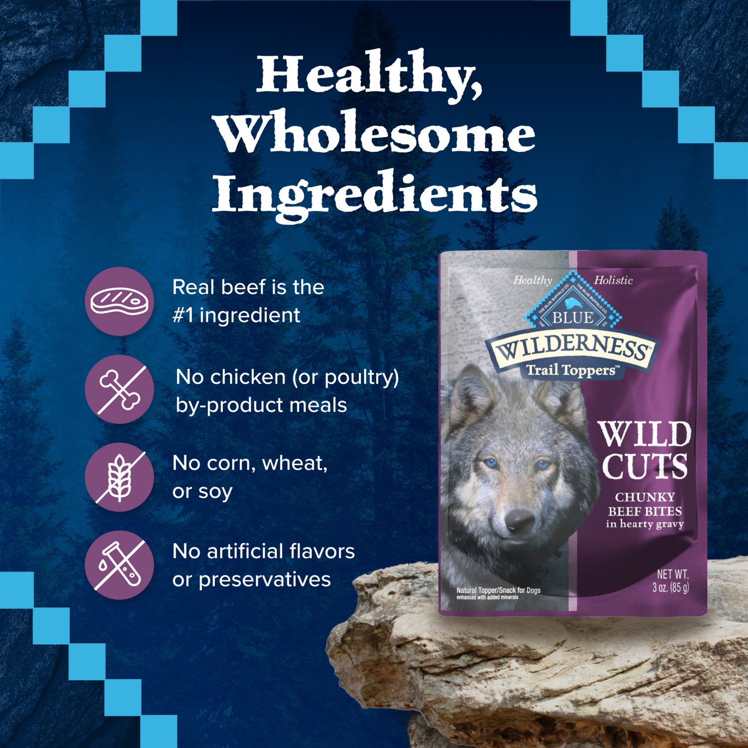 slide 2 of 8, Blue Wilderness Trail Toppers Wild Cuts Chunky Beef Bites Wet Dog Food, 3 oz