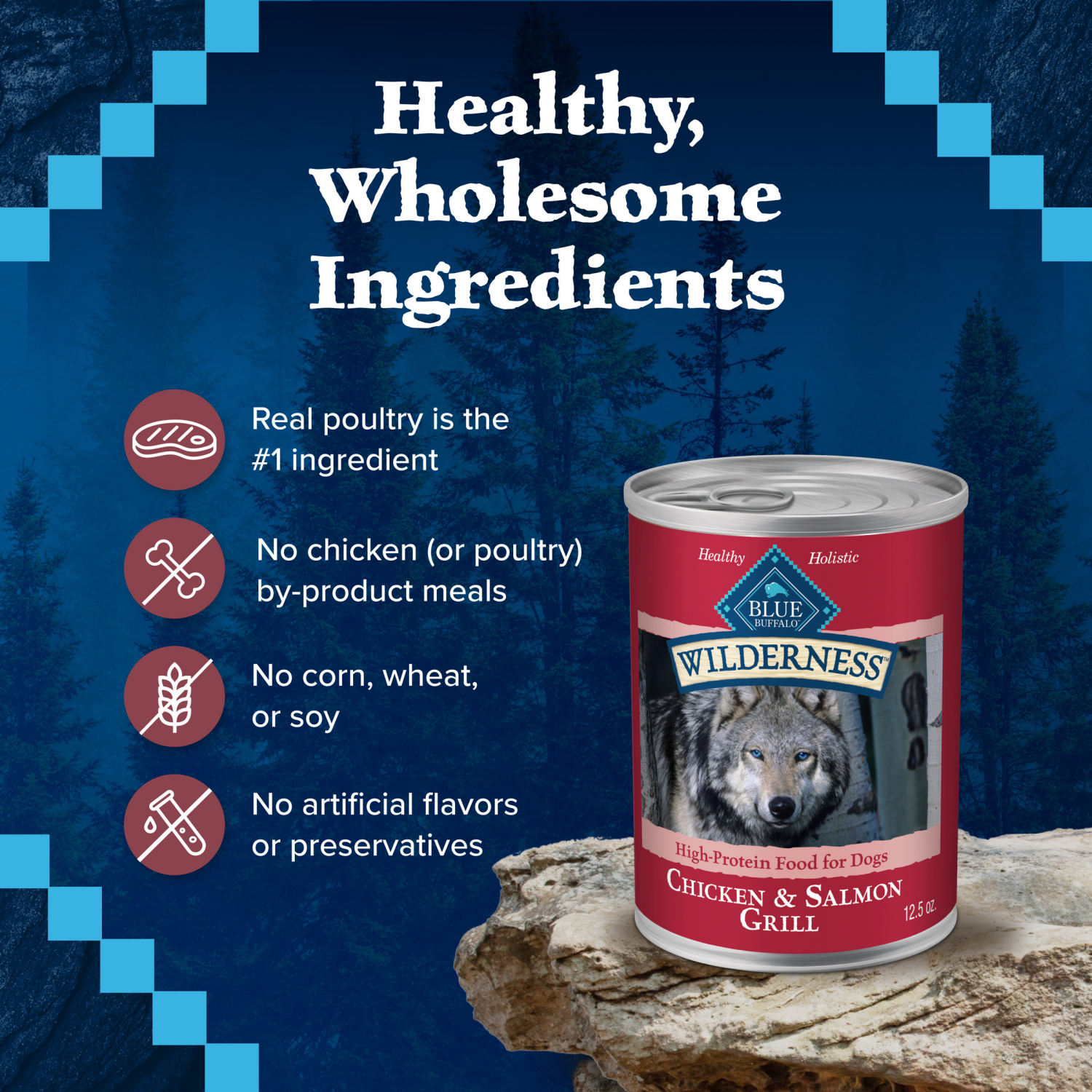slide 2 of 8, Blue Buffalo Wilderness High Protein, Natural Adult Wet Dog Food, Salmon & Chicken Grill 12.5-oz Can, 12.5 oz