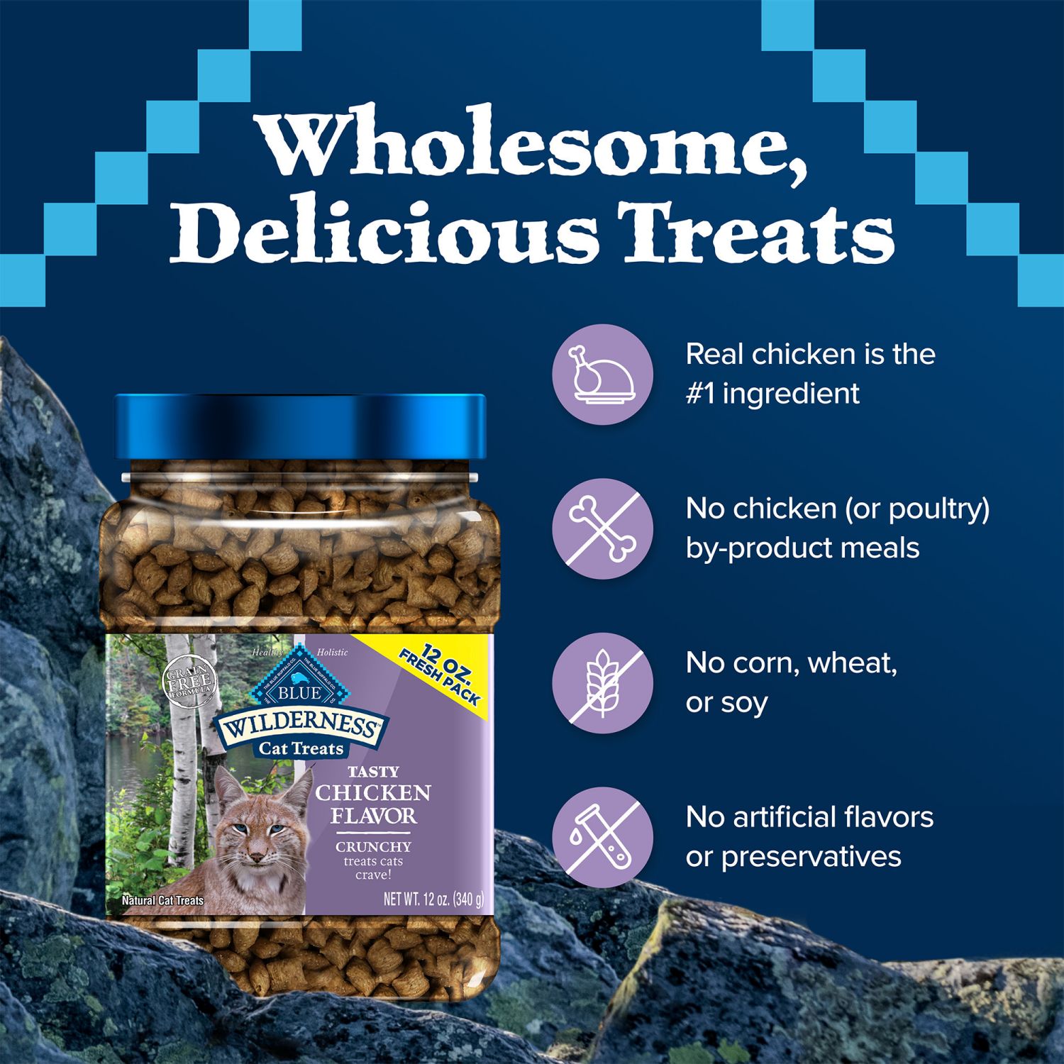 slide 5 of 8, Blue Buffalo Wilderness Grain Free Crunchy Cat Treats, Chicken Tub, 12 oz