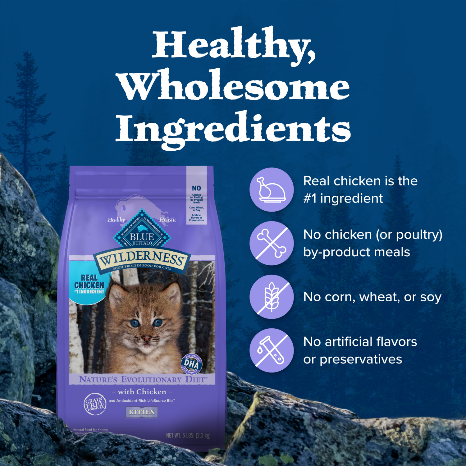 slide 2 of 8, Blue Buffalo Wilderness Natural Kitten Dry Cat Food, with DHA and ARA, High-Protein and Grain-Free Diet, Chicken, 4-lb. Bag, 4 lb