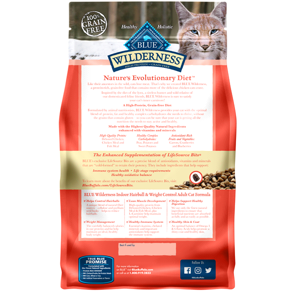 slide 11 of 13, Blue Buffalo Wilderness 100% Grain-Free Chicken Adult Indoor Hairball & Weight Control Dry Cat Food, 4 lb