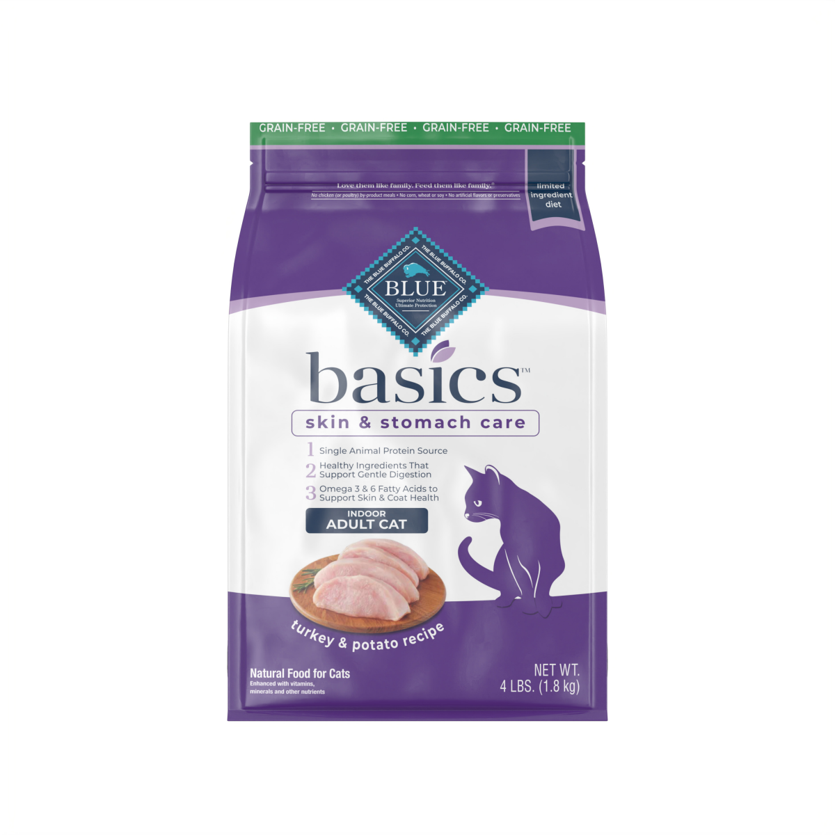 slide 1 of 3, Blue Buffalo Basics Skin & Stomach Care Grain Free\, Natural Indoor Adult Dry Cat Food\, Turkey & Potato 4-lb, 4 lb