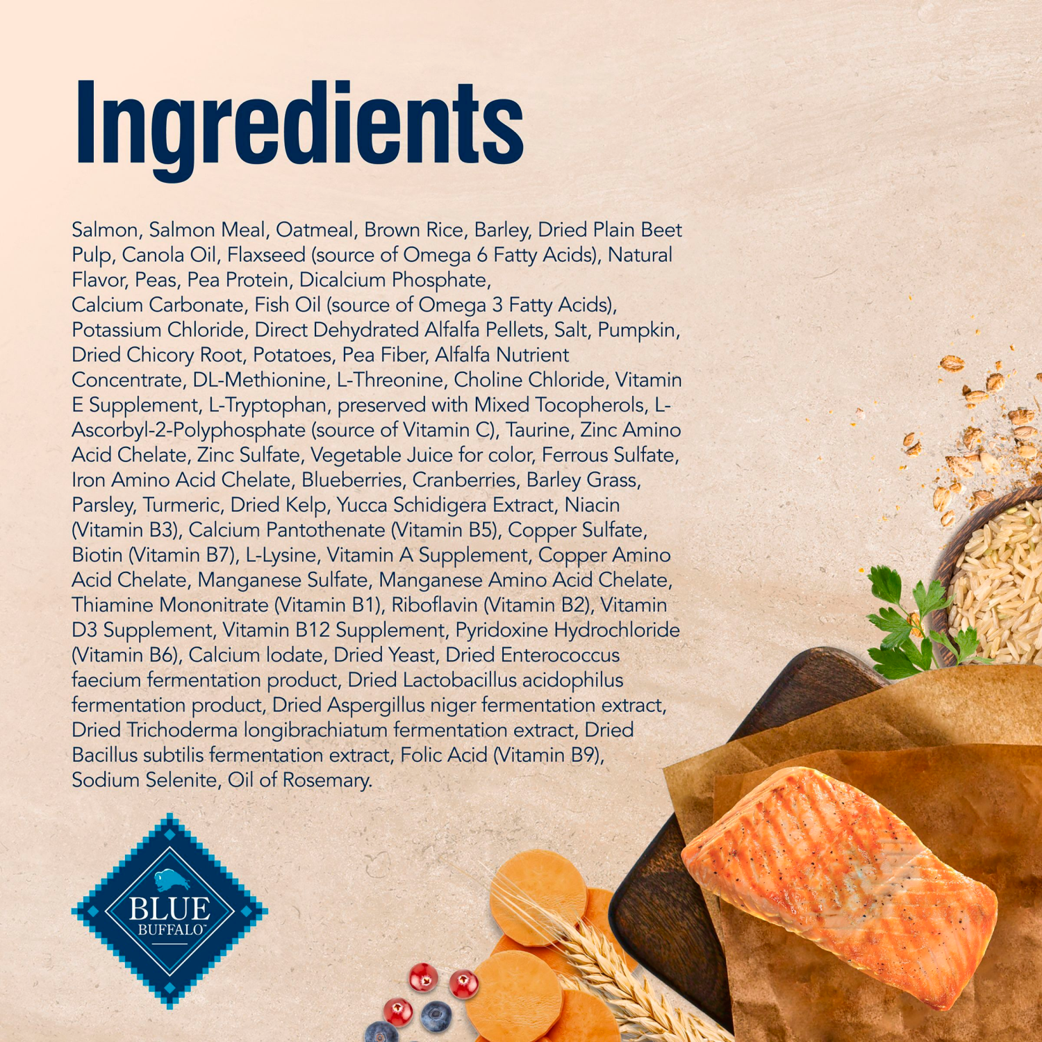 slide 8 of 8, Blue Buffalo True Solutions Skin & Coat Care Natural Dry Dog Food for Adult Dogs, Salmon, 20-lb. Bag, 20 lb