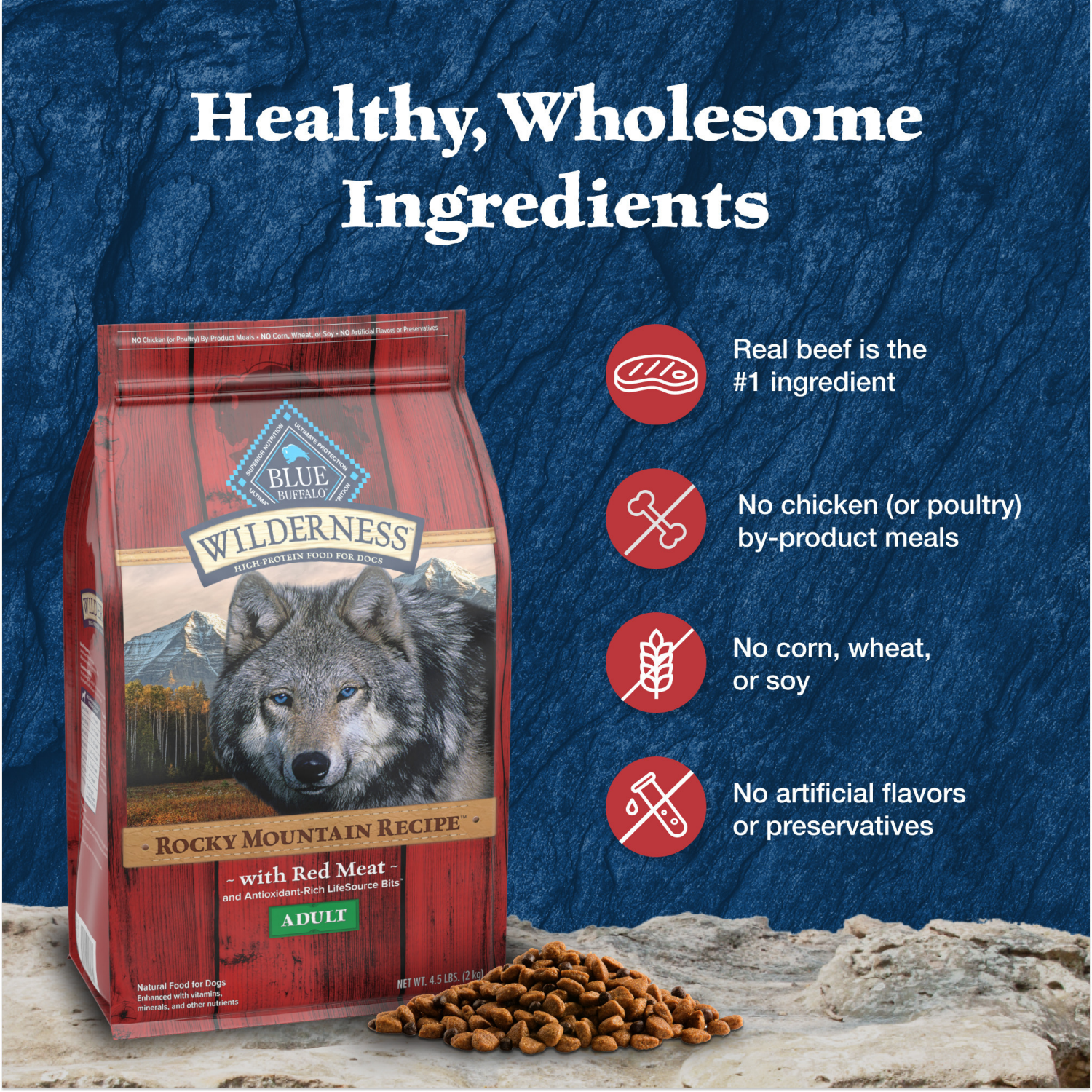 slide 2 of 8, Blue Buffalo Wilderness Rocky Mountain High-Protein Adult Dry Dog Food Wholesome Grains Red Meat, 24-lb. Bag, 24 lb