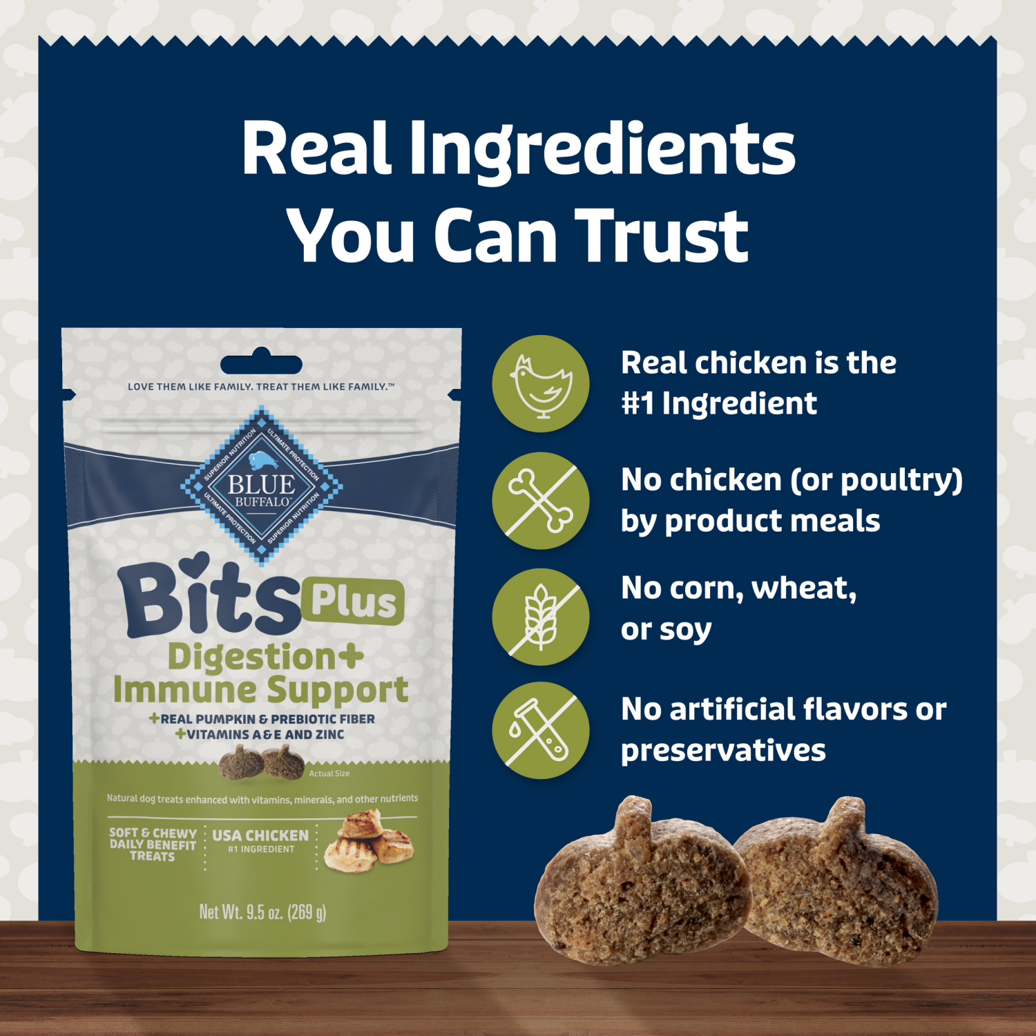 slide 2 of 8, Blue Buffalo BLUE Bits Plus Digestion and Immune Support Daily Benefit Dog Treats, Soft & Chewy Chicken and Pumpkin Morsels, 9.5-oz. Bag, 9.5 oz
