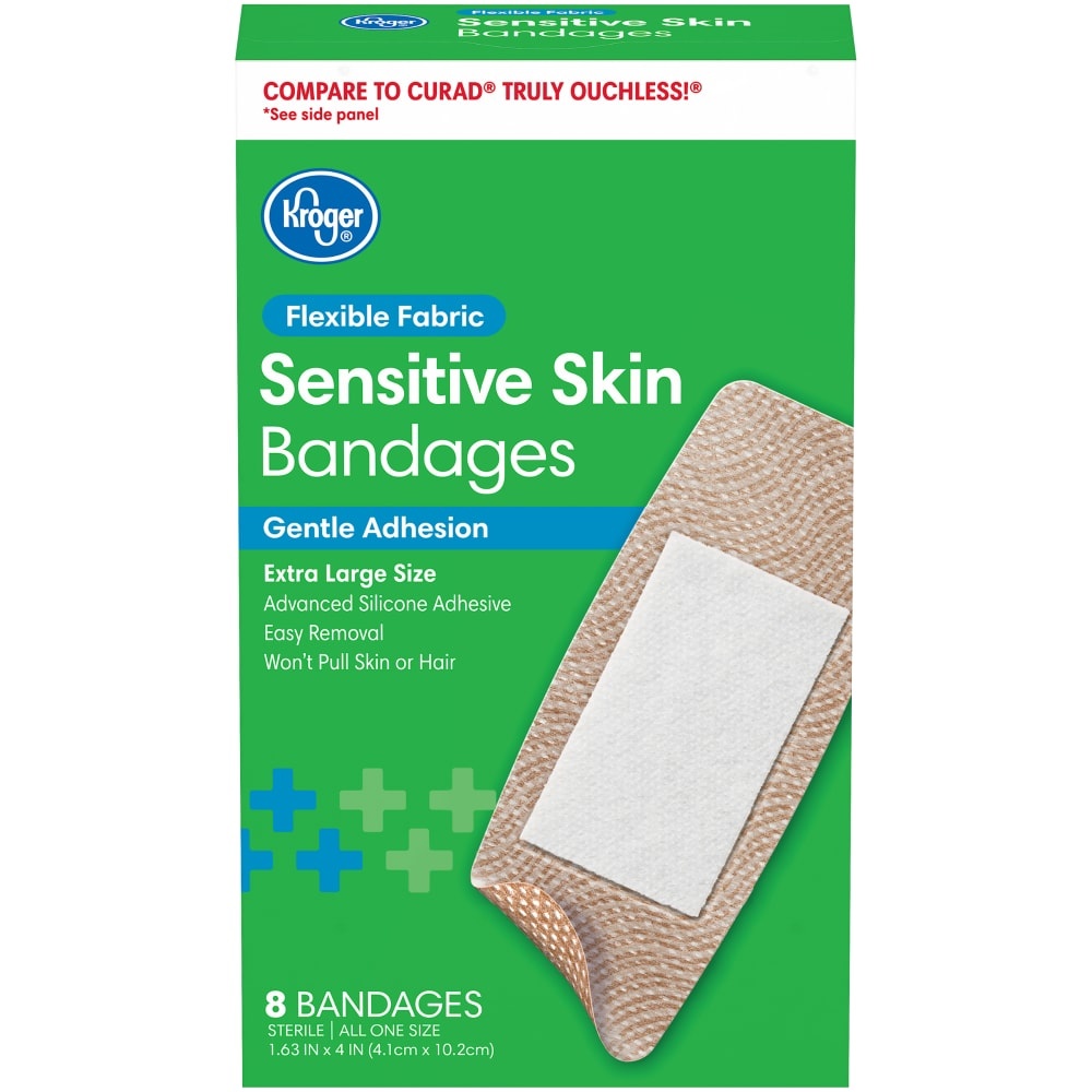 slide 1 of 1, Kroger Flexible Fabric Sensitive Skin Extra Large Bandages, 8 ct