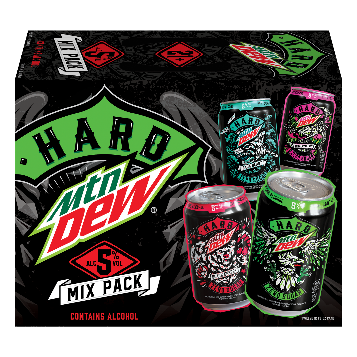 slide 1 of 1, Mountain Dew Hard Mountain Dew Classic Variety Pack, 5% ABV (12 fl. oz. Can, 12pk.), 12 ct