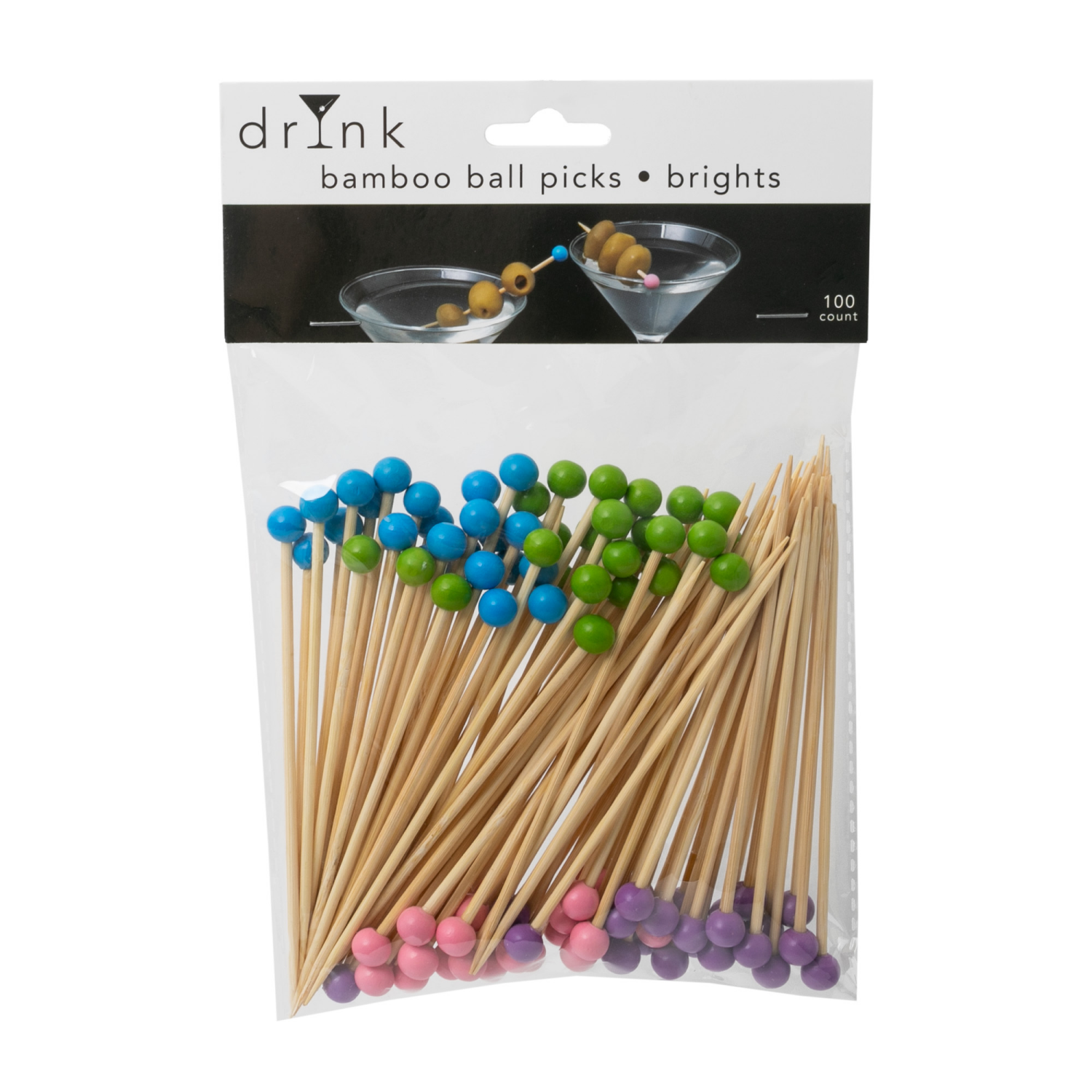 slide 1 of 3, Drynk Bamboo Ball Picks Brights 100 Count, 100 ct