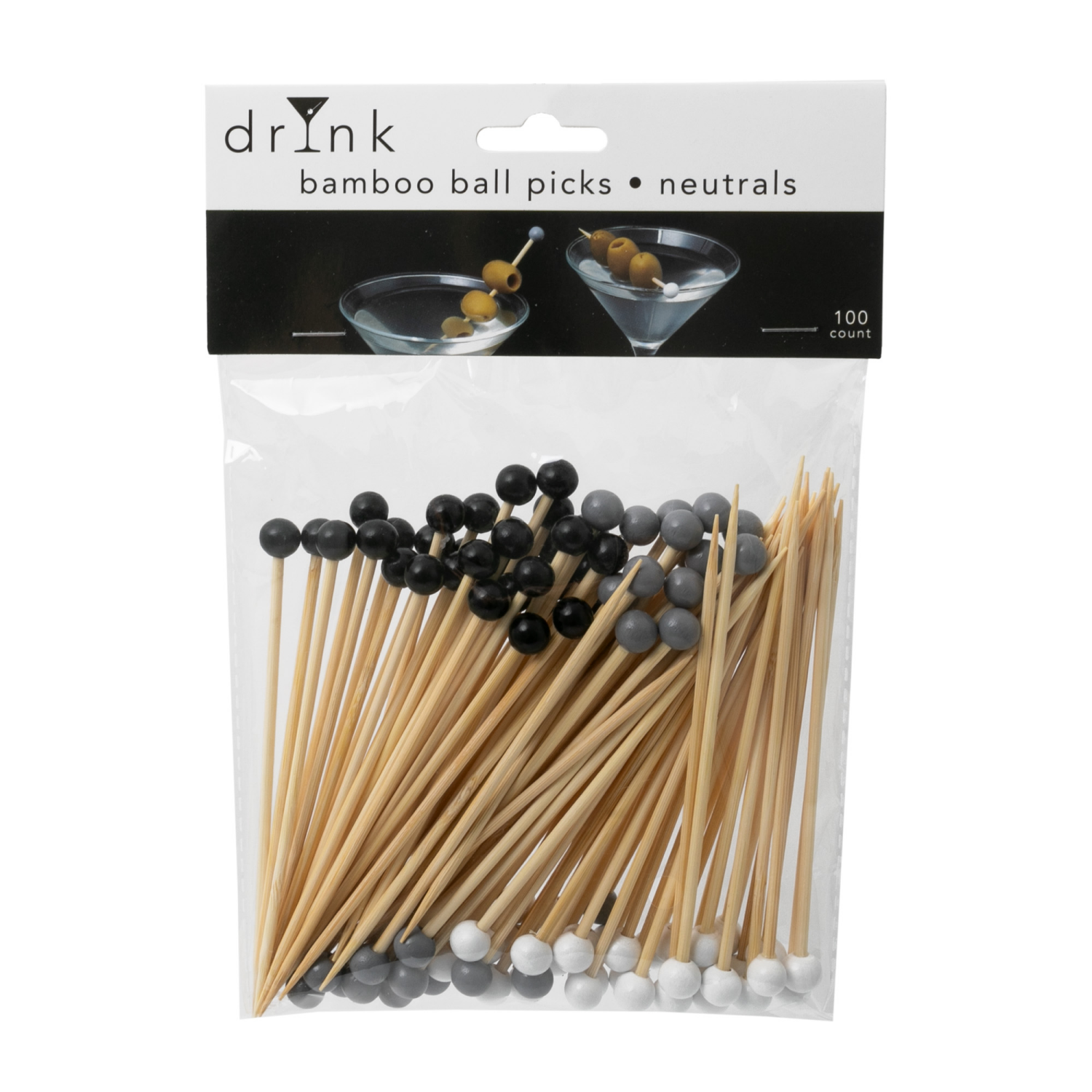 slide 1 of 3, Drynk Bamboo Ball Picks Neutrals 100 Count, 100 ct