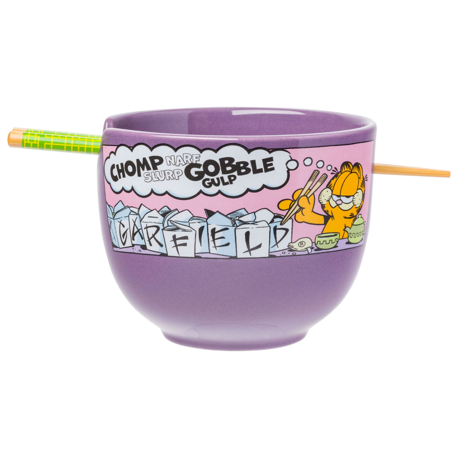 slide 1 of 1, SILVER BUFFALO SB Garfield Eating Takeout 20oz Ceramic Ramen Bowl with Chopsticks, 20 oz