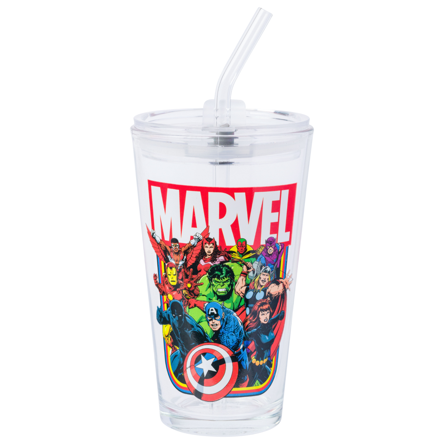 slide 1 of 1, SILVER BUFFALO SB Marvel 16oz Pint Glass with Lid and Glass Straw, 16 oz