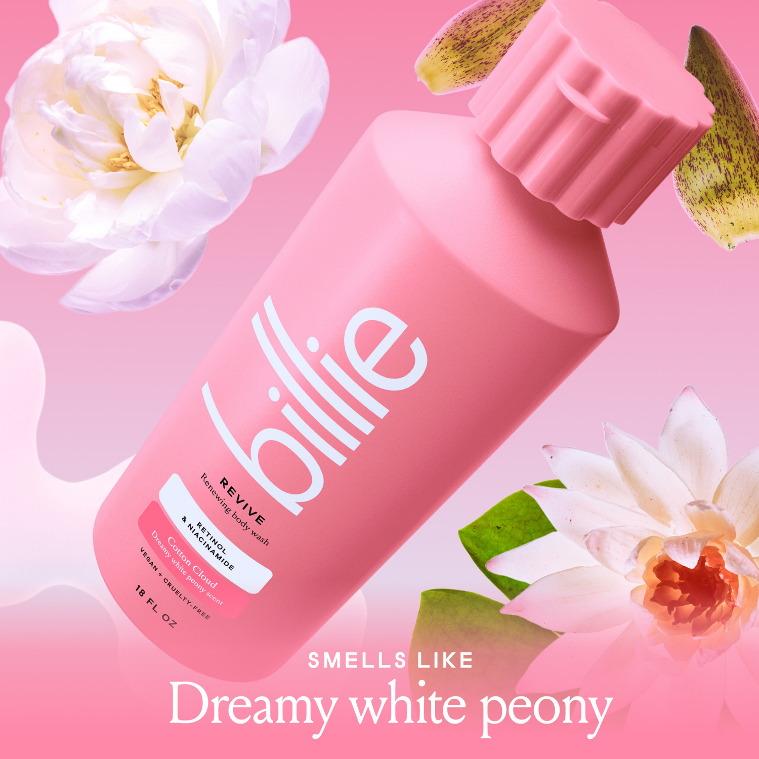 slide 3 of 8, Billie Reviving + Renewing Women's Body Wash, Cotton Cloud Scent, Retinol & Niacinamide, 18oz, 18 fl oz