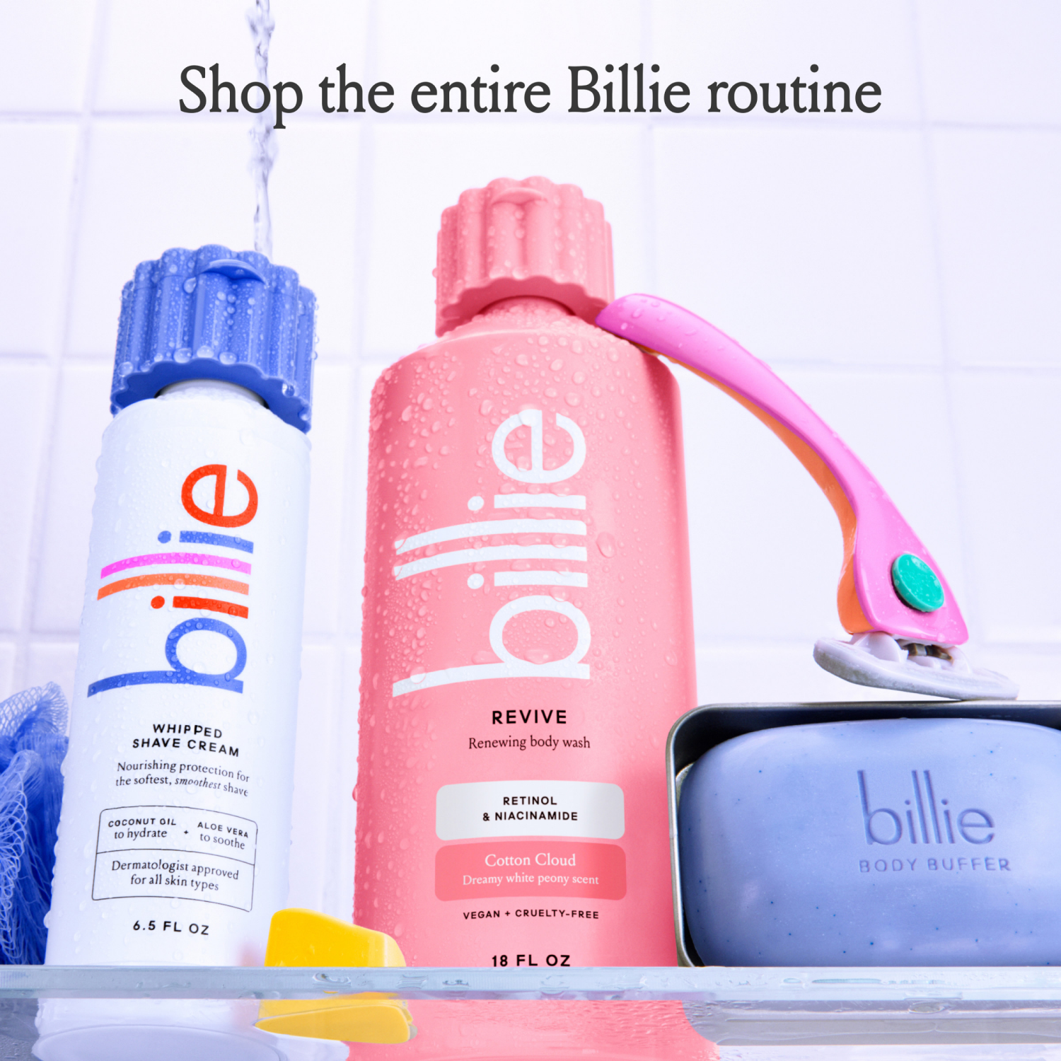 slide 7 of 8, Billie Reviving + Renewing Women's Body Wash, Cotton Cloud Scent, Retinol & Niacinamide, 18oz, 18 fl oz